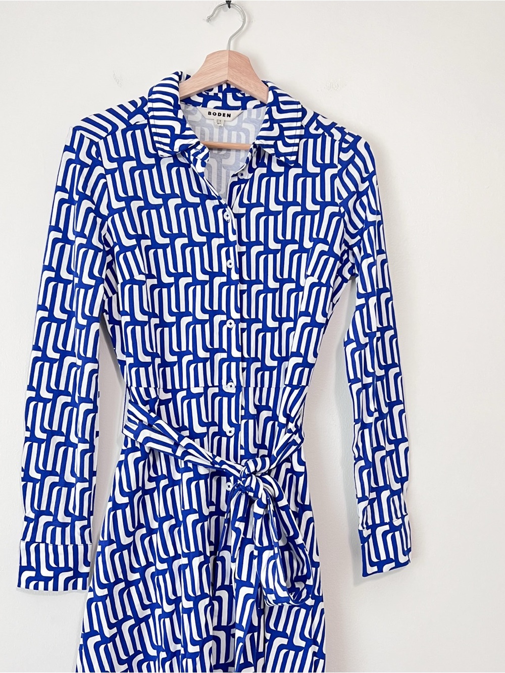 Boden Marcia Jersey Midi Shirt Dress Blue White Geometric Belted US 4R UK 8R - Picture 4 of 12
